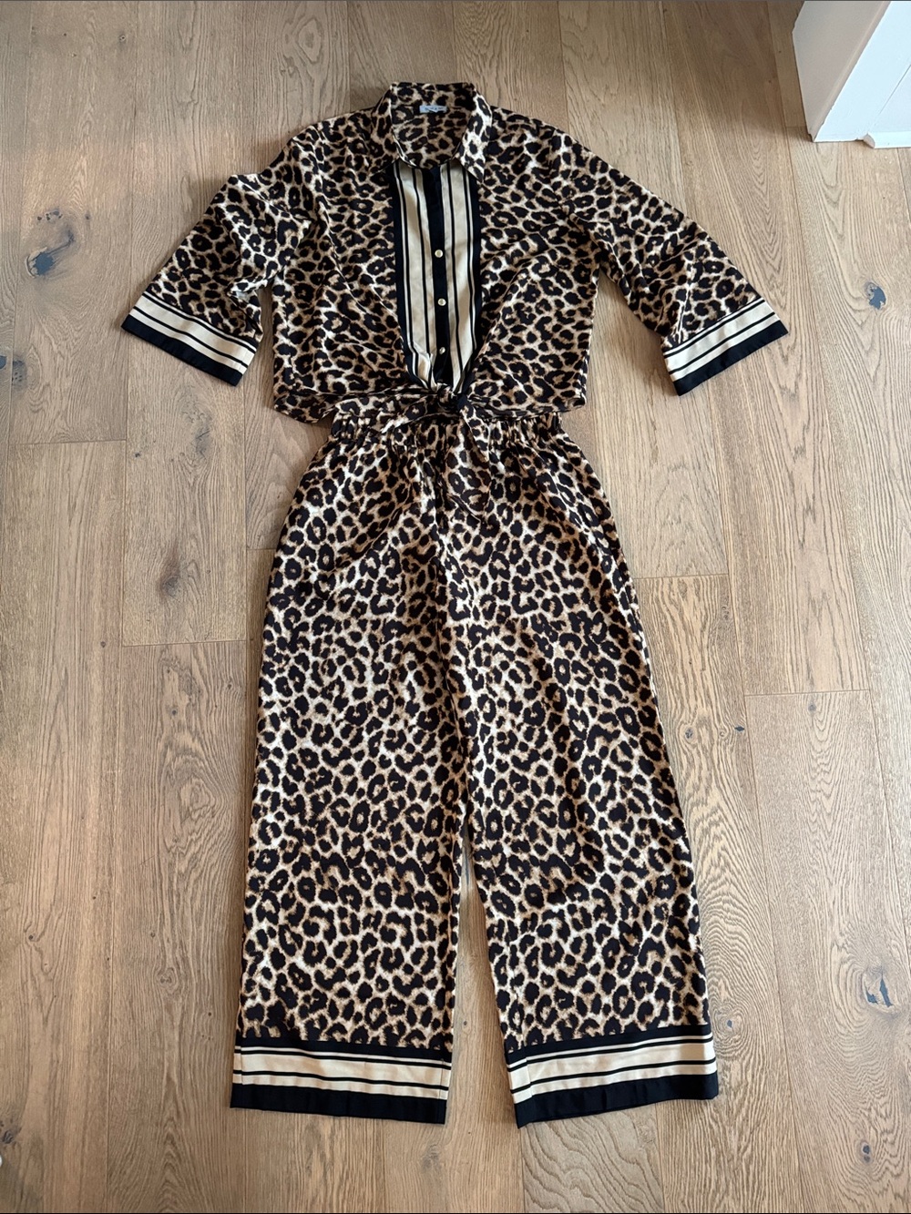 Leopard Print Two-Piece Set with Striped Trim